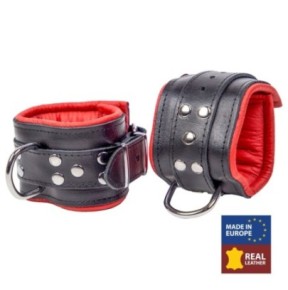 Menottes rembourrées en cuir pour les chevilles Noir-Rouge- Menottes en stock sur Fun et plaisirs