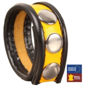 Cockring en cuir - Noir/Jaune- 3 pressions- Cockrings Cuirs en stock sur Fun et plaisirs