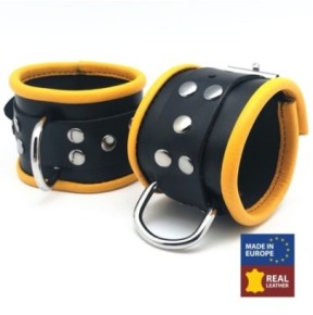 Menottes en cuir pour Poignets Noir-Jaune- Menottes en stock sur Fun et plaisirs