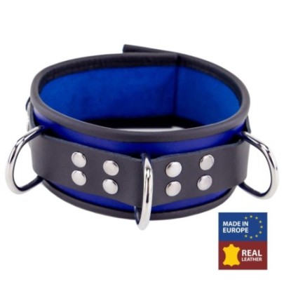 Collier en cuir - 3 anneaux D - Bleu/Noir- Colliers & Laisses en stock sur Fun et plaisirs