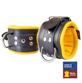 Menottes en cuir rembourrées pour Chevilles Noir-Jaune- Menottes en stock sur Fun et plaisirs