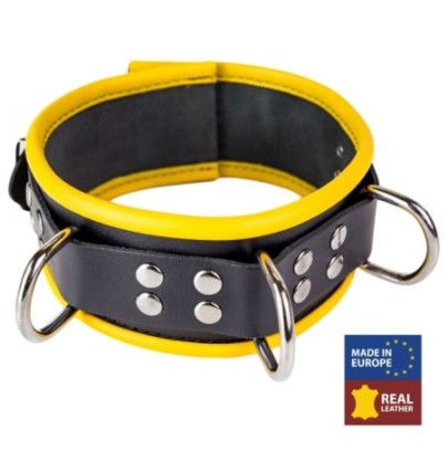 Collier en cuir - 3 anneaux D - Noir/ Jaune- Colliers & Laisses en stock sur Fun et plaisirs