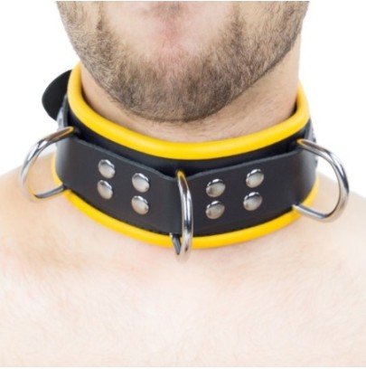 Collier en cuir - 3 anneaux D - Noir/ Jaune