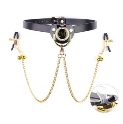 Bâillon-Tétine avec Pince-tétons Keepsum Noir-Doré sur fun et plaisirs - vente de sextoys pas cher