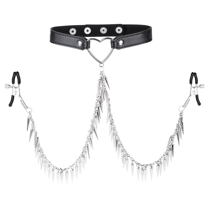 Collier avec Pince-Tétons Spike Heart Noir