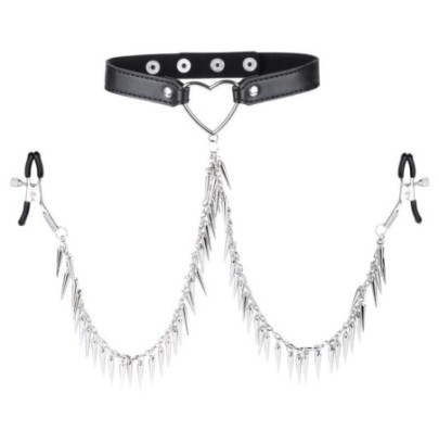 Collier avec Pince-Tétons Spike Heart Noir sur fun et plaisirs - vente de sextoys pas cher